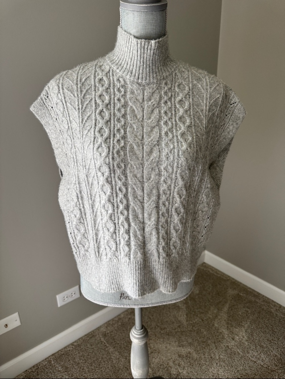 Grey Cable-Knit Sleeveless Turtleneck Sweater